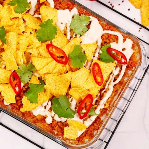 overhead view of shawarma casserole in a baking dish ready to serve