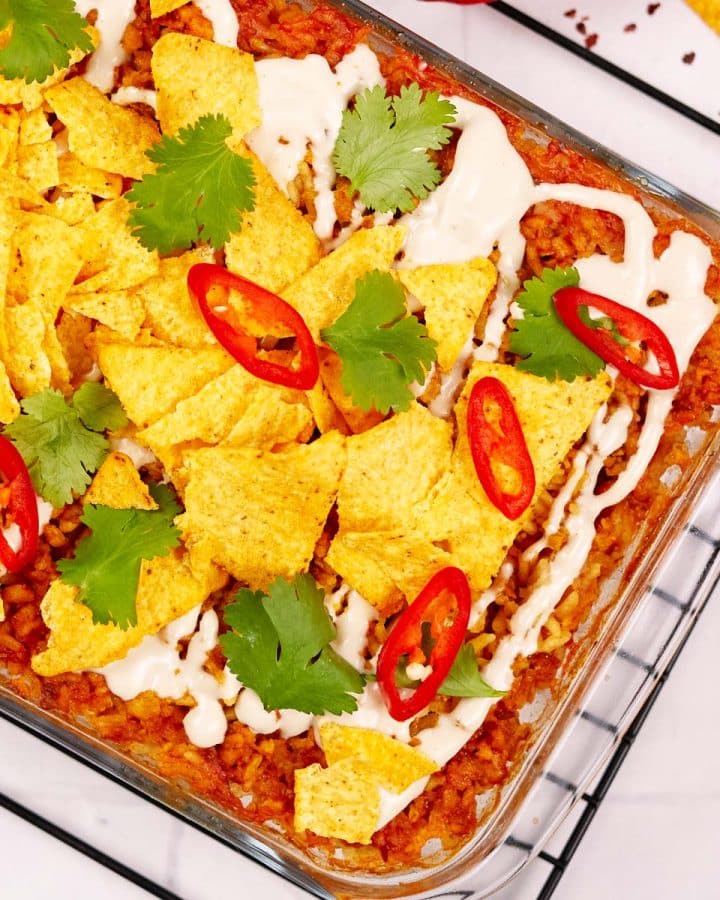 overhead view of shawarma casserole in a baking dish ready to serve