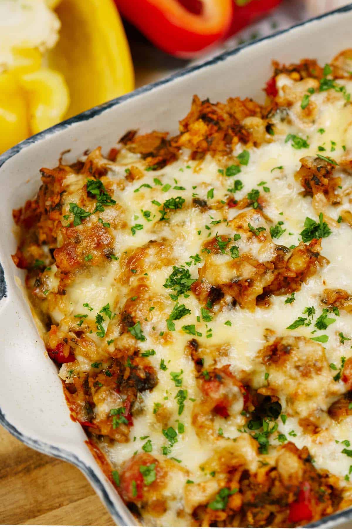 closeup of a baking dish of stuffed pepper casserole