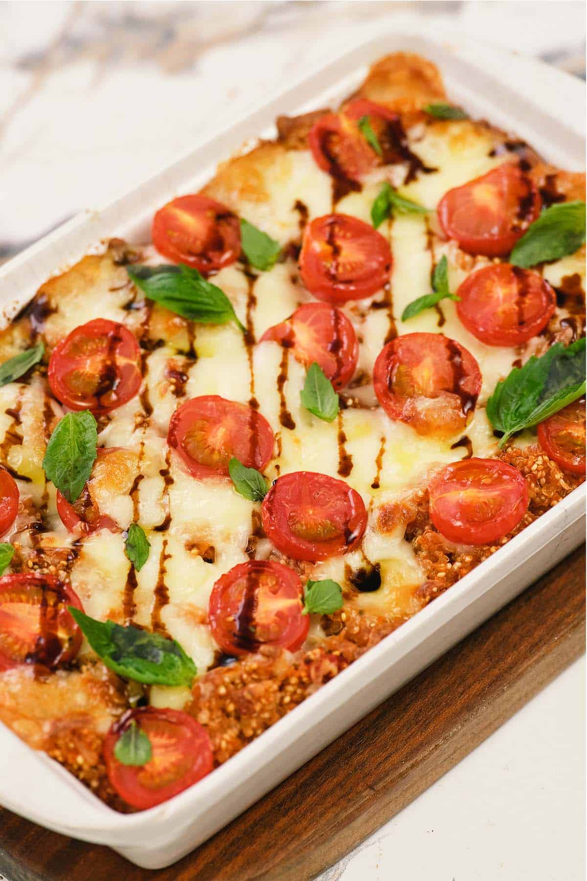 fresh from the oven Caprese Quinoa Bake in a casserole dish