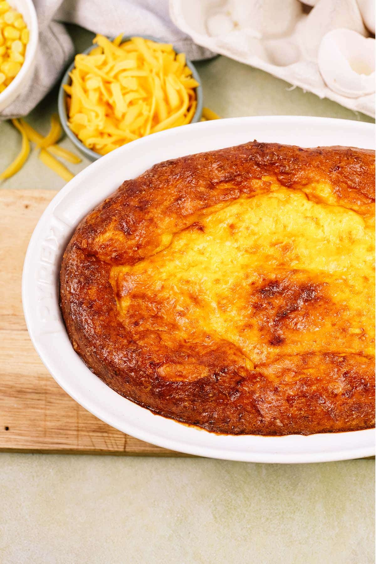 casserole dish of Corn and Cheese Pashtida Crustless Corn Quiche