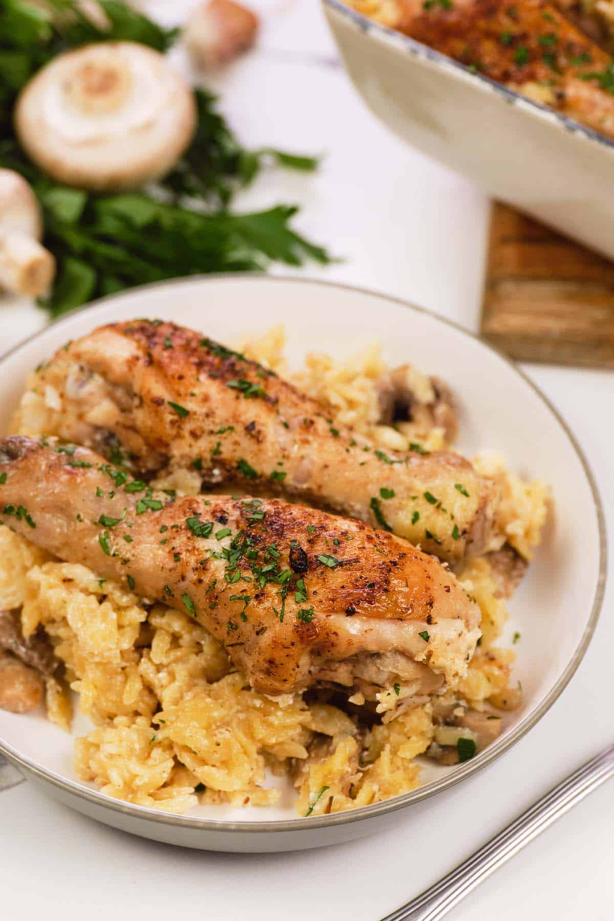 plate of Creamy Orzo Chicken Bake served on a table