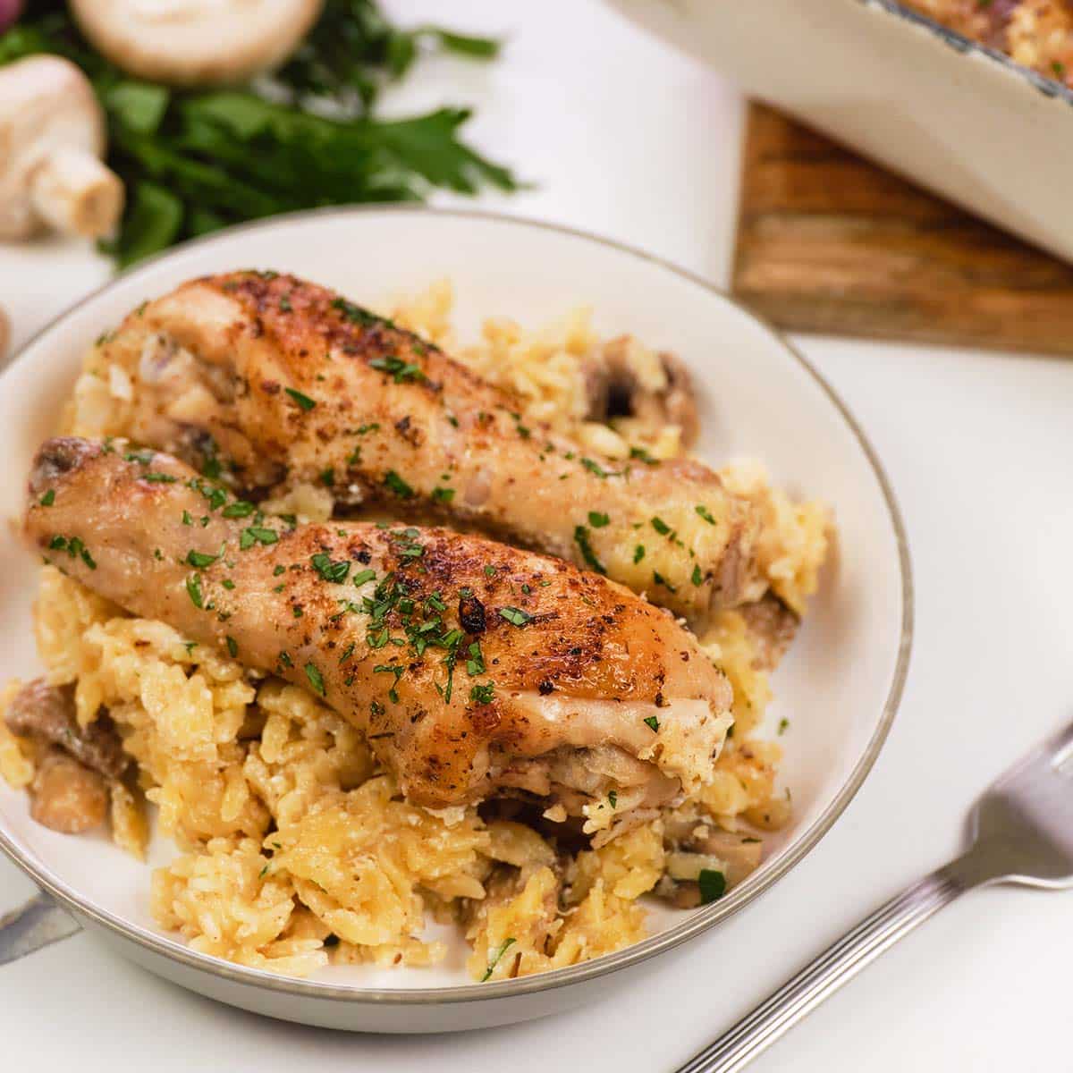 single serving of Creamy Orzo Chicken Bake on a plate served and ready to enjoy