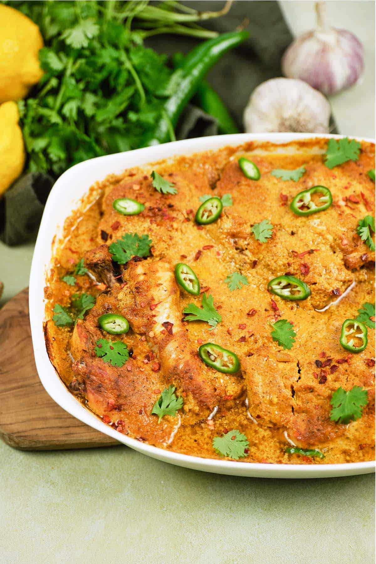 baking dish of Mum's curried Chicken Bake (tandoori chicken curry) ready to serve