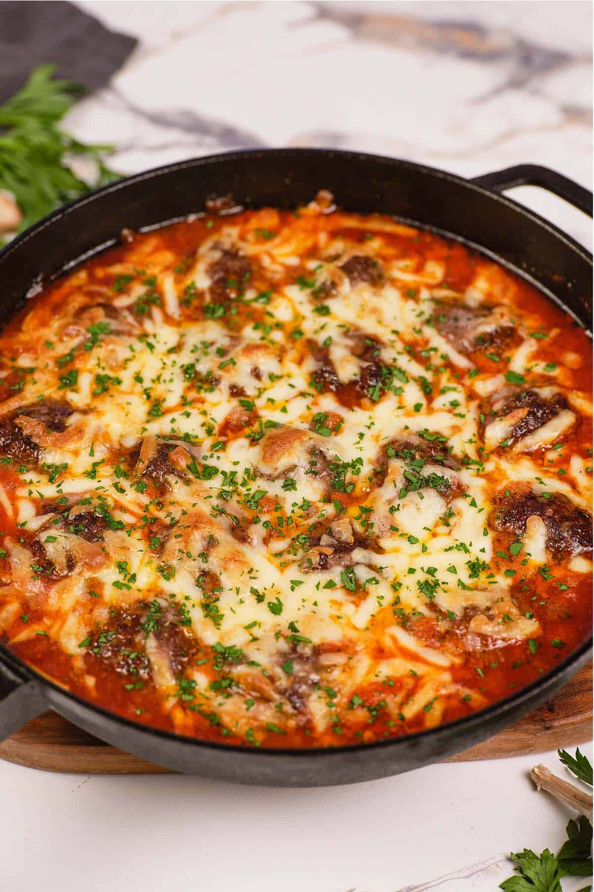 Sloppy Joe Meatball Bake in a skillet ready to serve