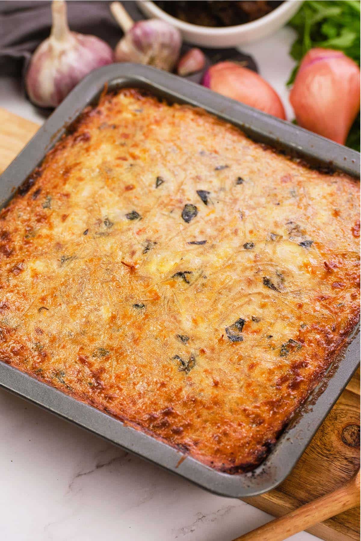 closeup of Vietnamese Pork Bake in a baking dish