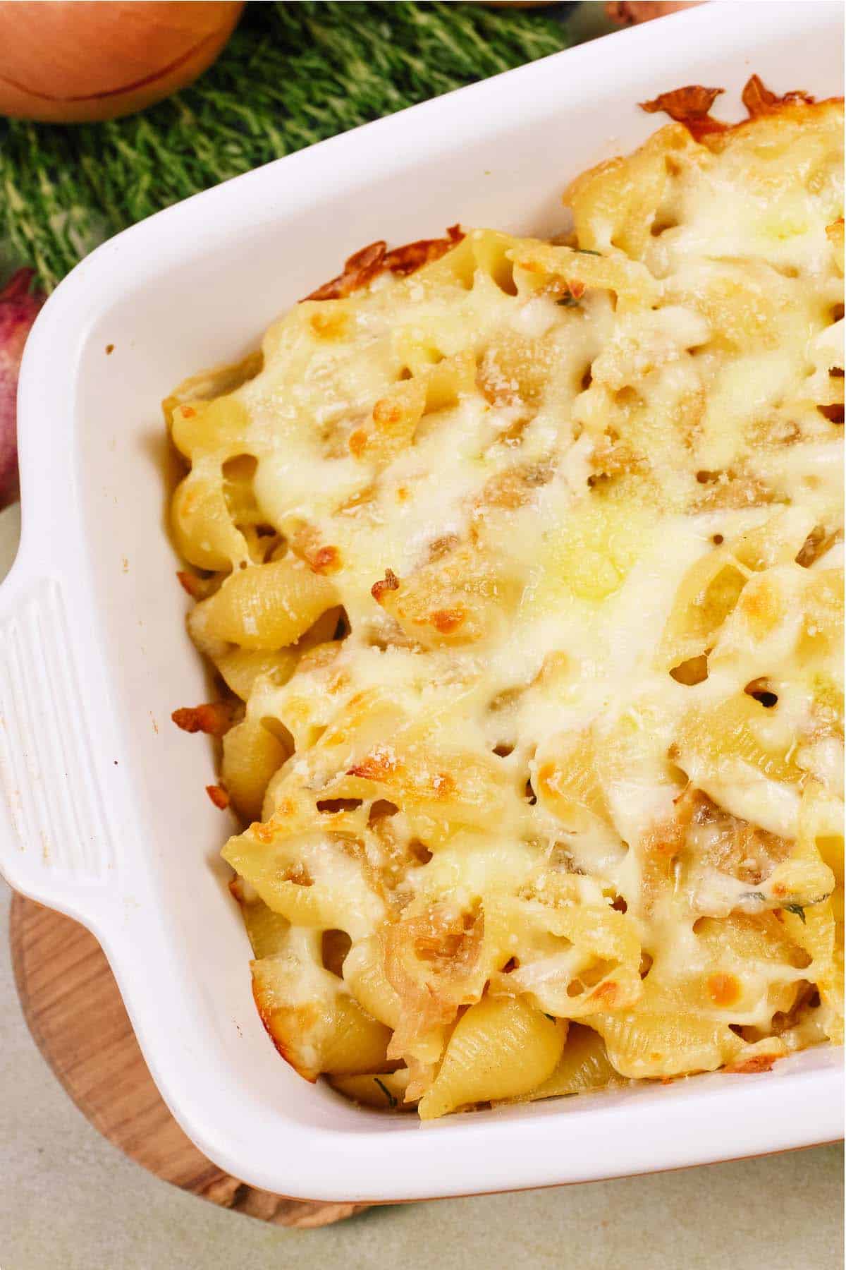 baking dish of caramelized onion pasta bake ready to serve