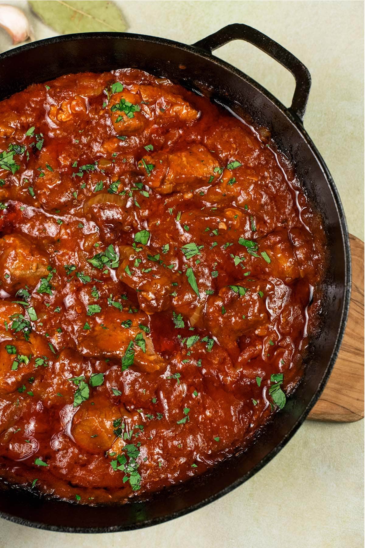 kebab casserole in a cast iron skillet fresh from the oven