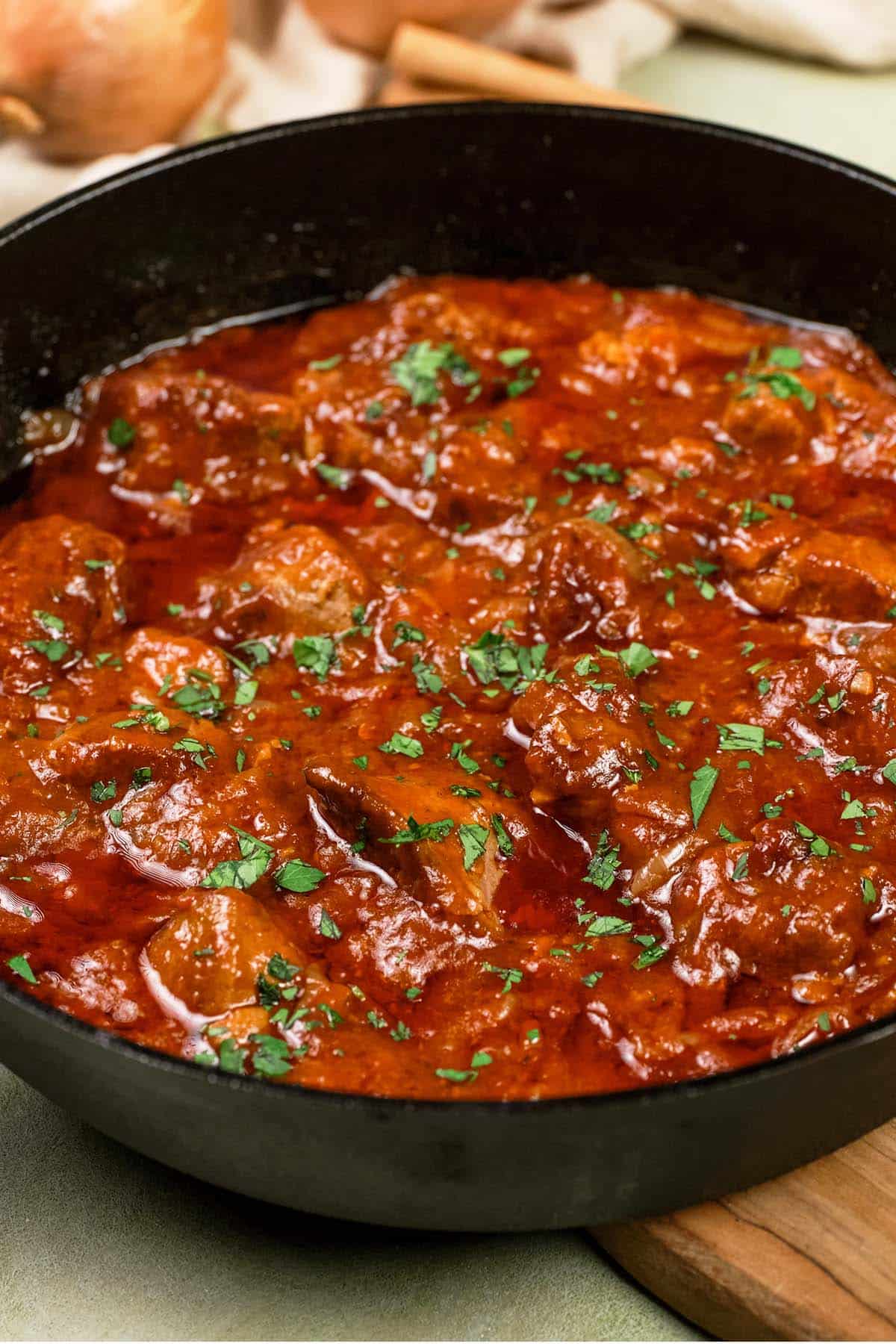 freshly baked kebab casserole in a cast iron skillet