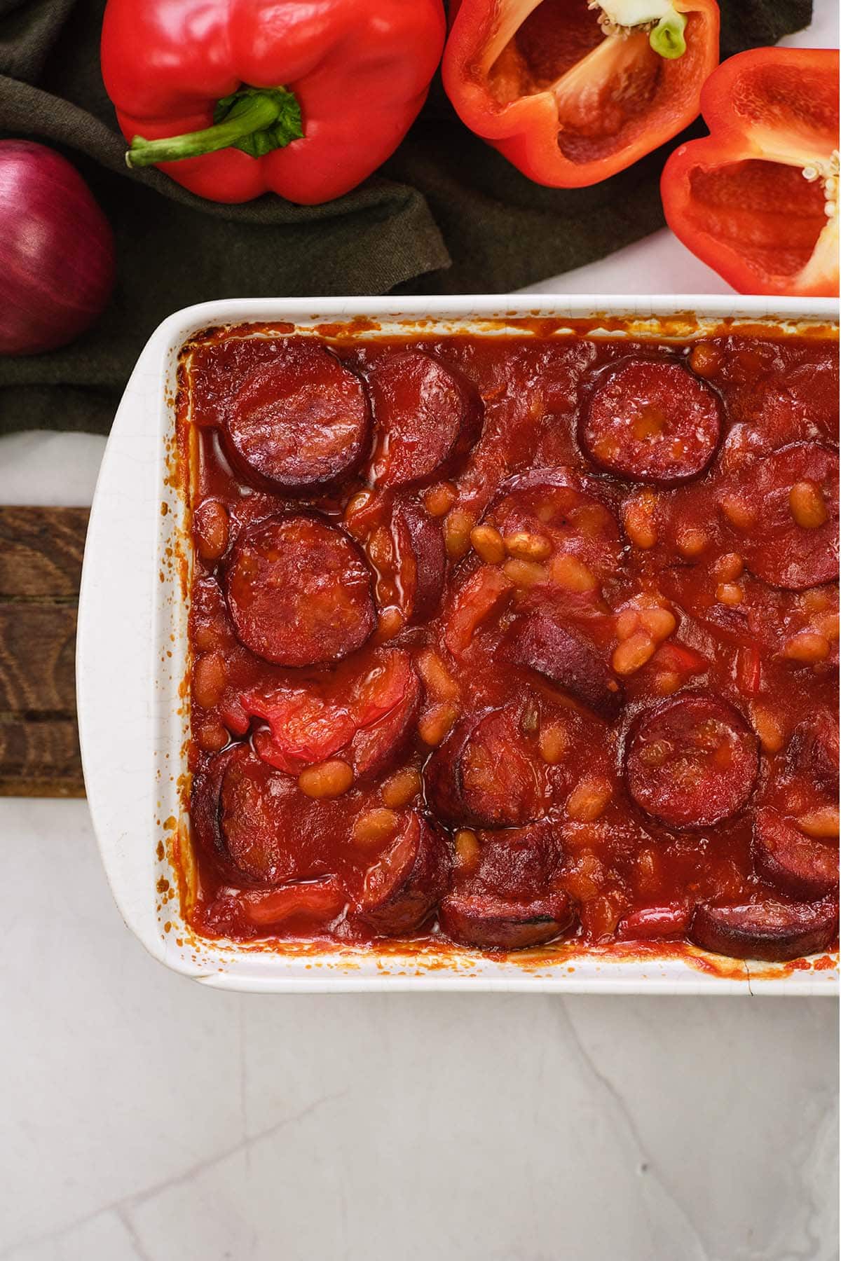 baking dish of kielbasa bake ready to serve
