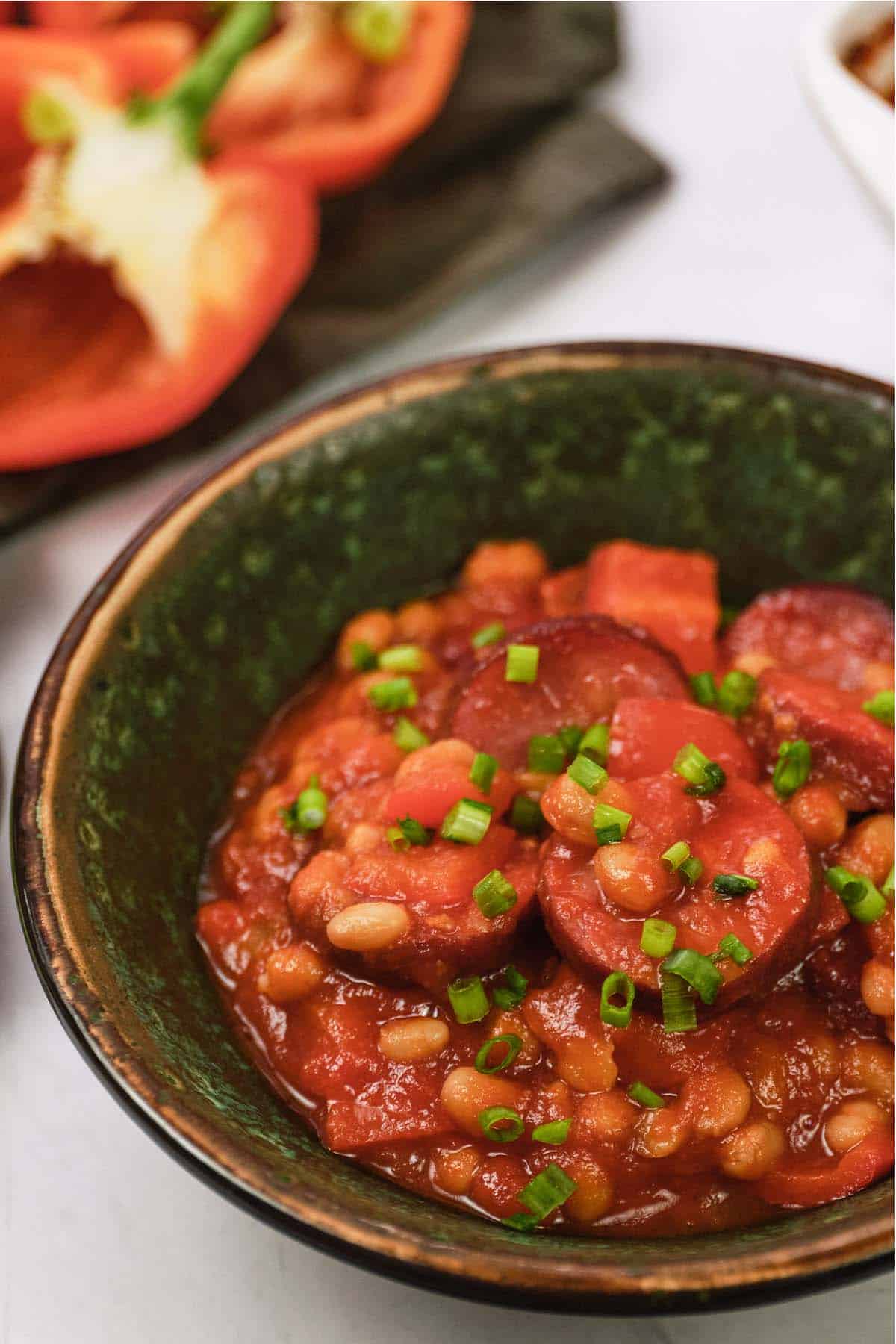 closeup of a bowl with a serving of kielbasa bake ready to enjoy