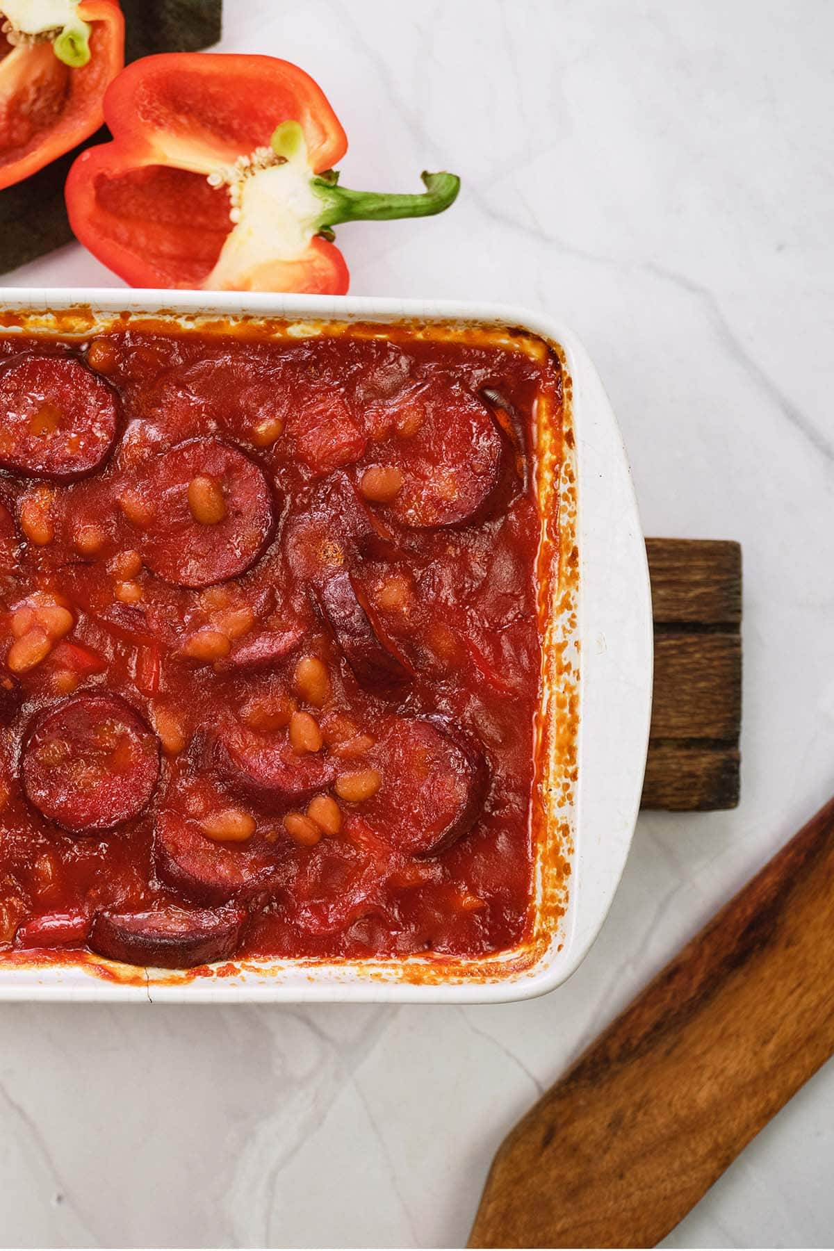 casserole dish of kielbasa bake ready to serve