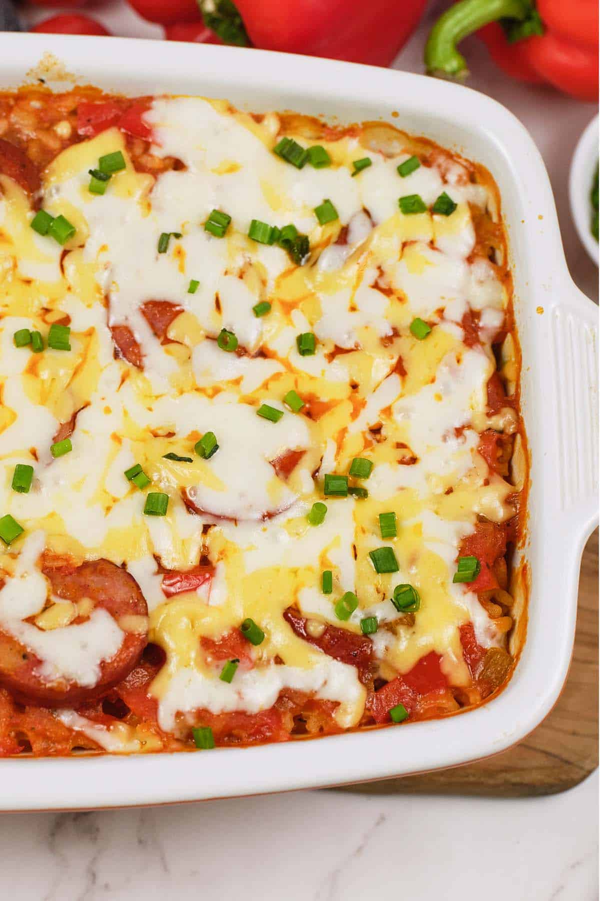 closeup of a baking dish of Louisiana Casserole ready to serve