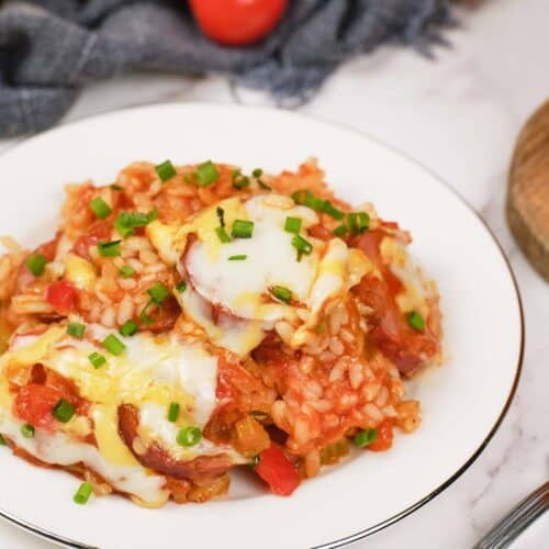 plate with a serving of Louisiana Casserole on a table ready to enjoy