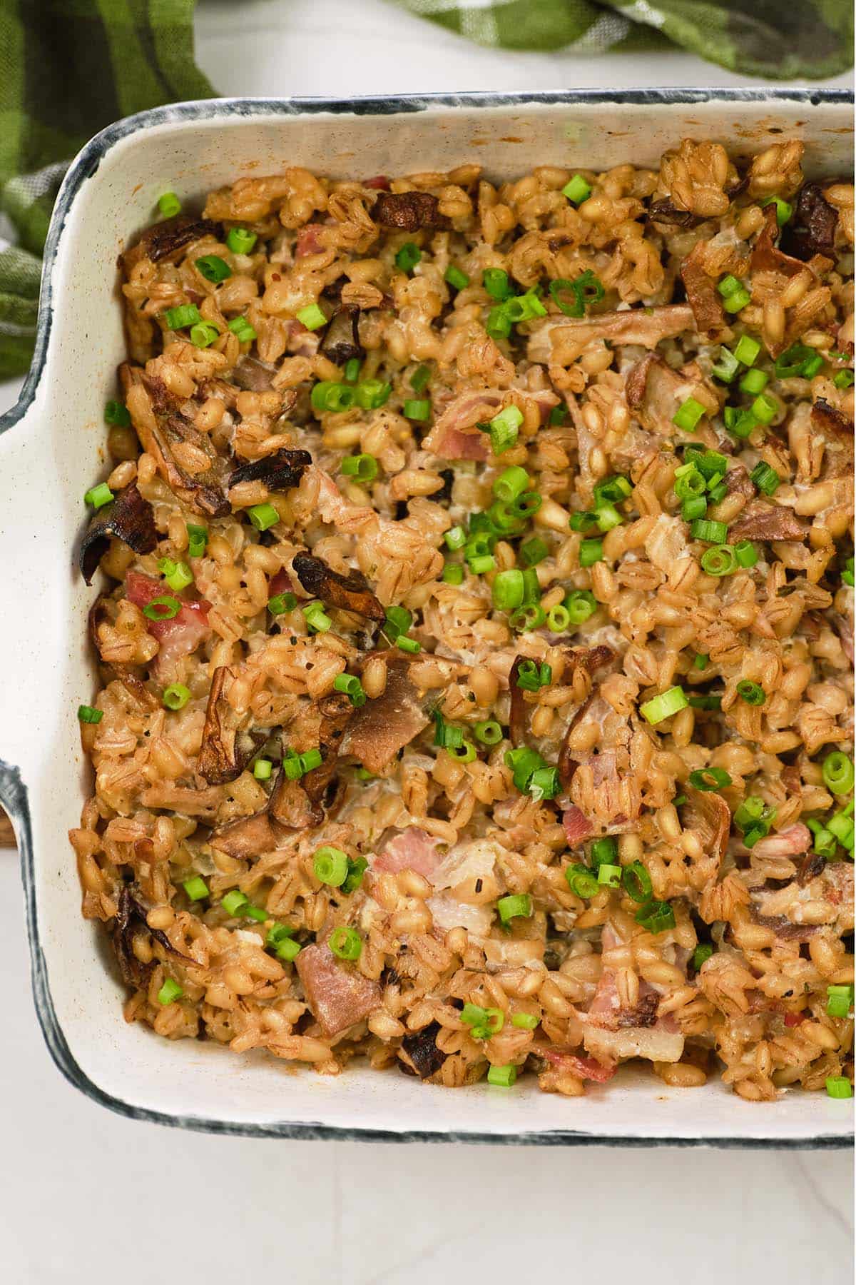 closeup of a baking dish of mushroom barley casserole