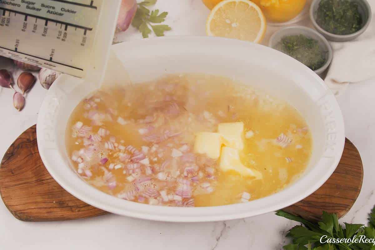 baking dish of the ingredients needed to make no-stir risotto bake