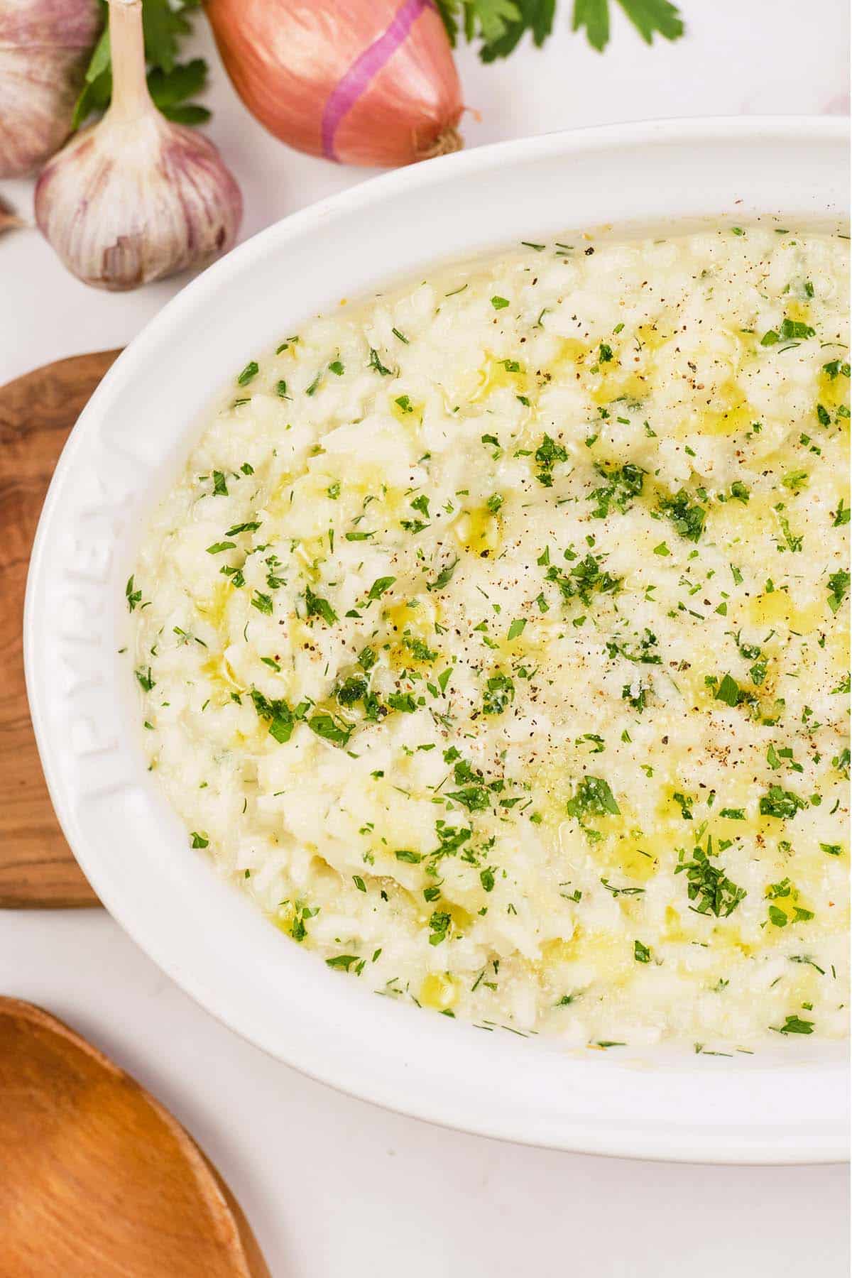 Closeup of a no-stir risotto bake in a casserole dish