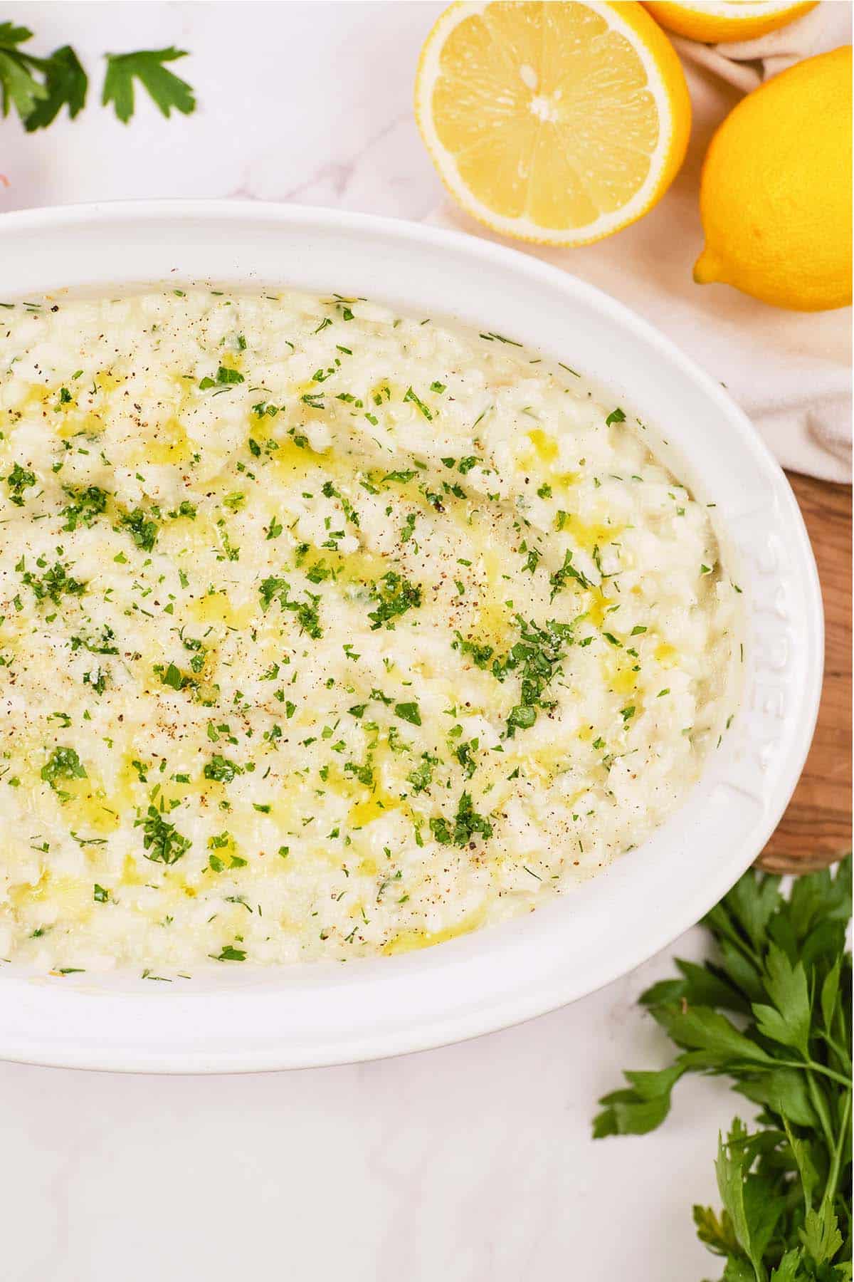 baking dish of no-stir risotto bake ready to serve