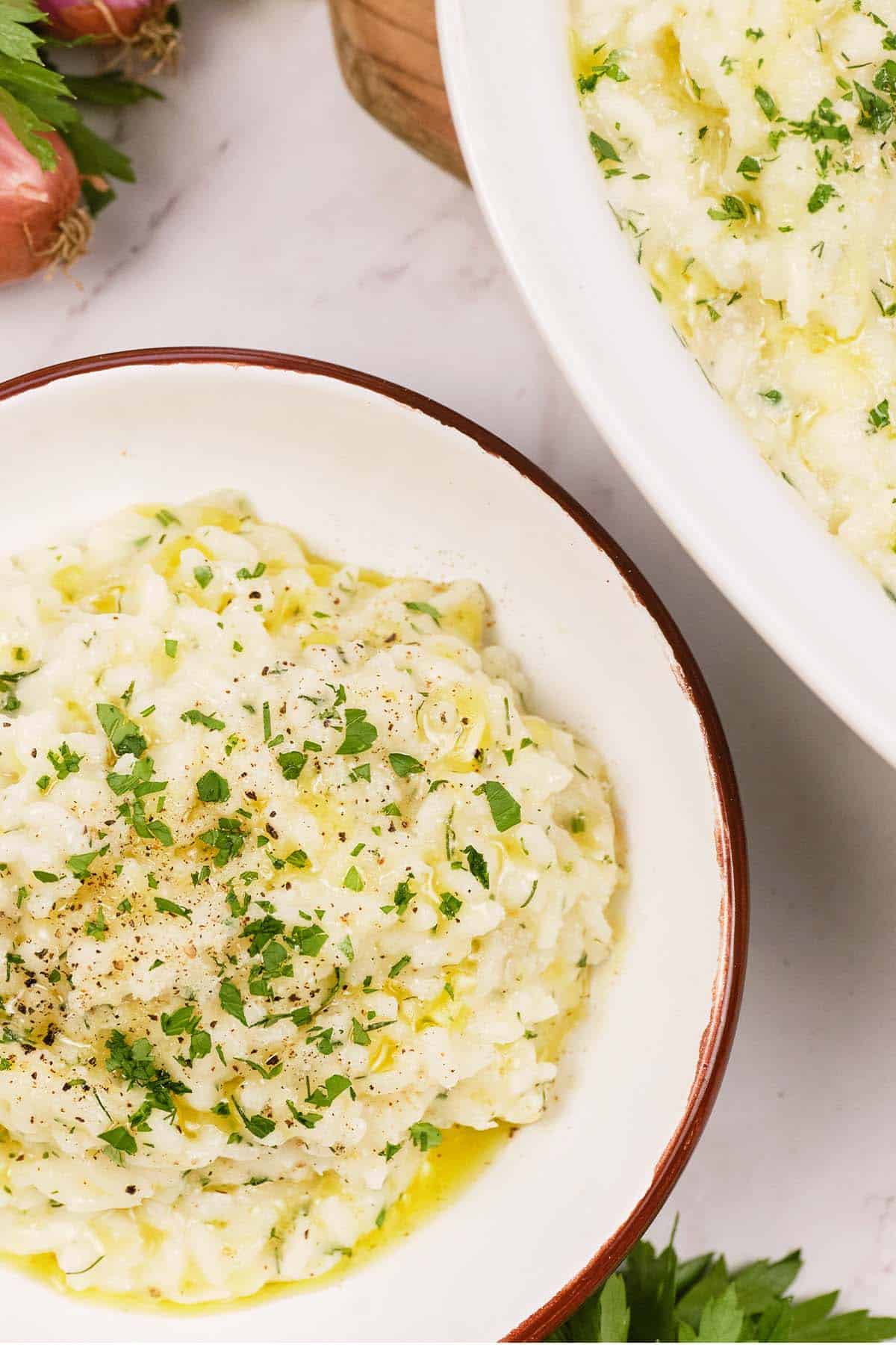 bowl of no-stir risotto bake ready to eat