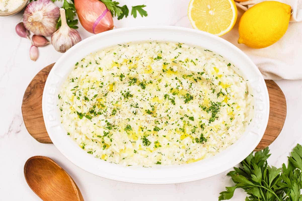 baking dish of no-stir risotto bake fresh from the oven
