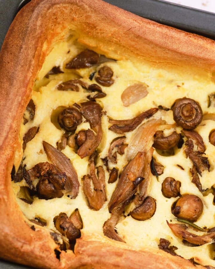 closeup of a baking dish of yorkshire pudding traybake