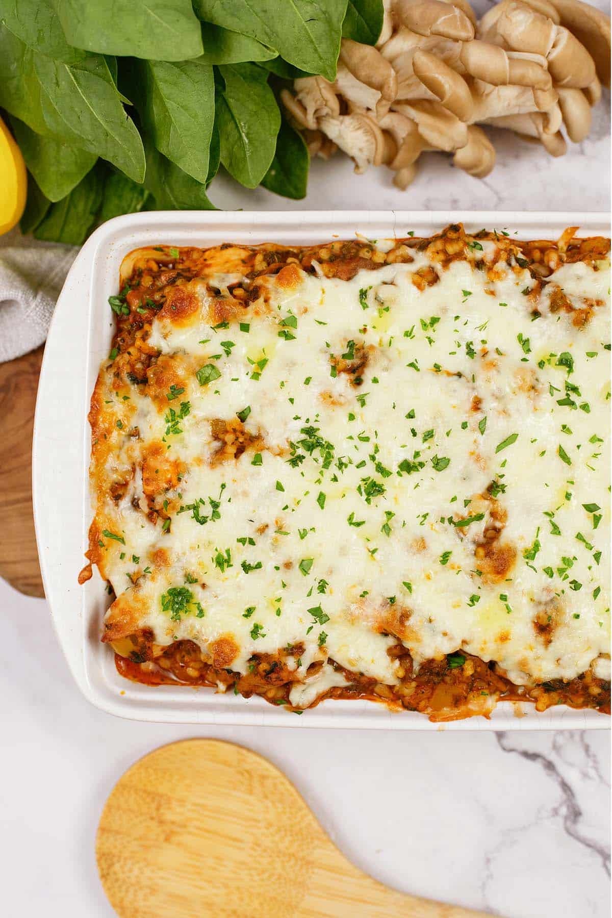 freshly baked Pizza Casserole with Couscous in a casserole dish ready to serve