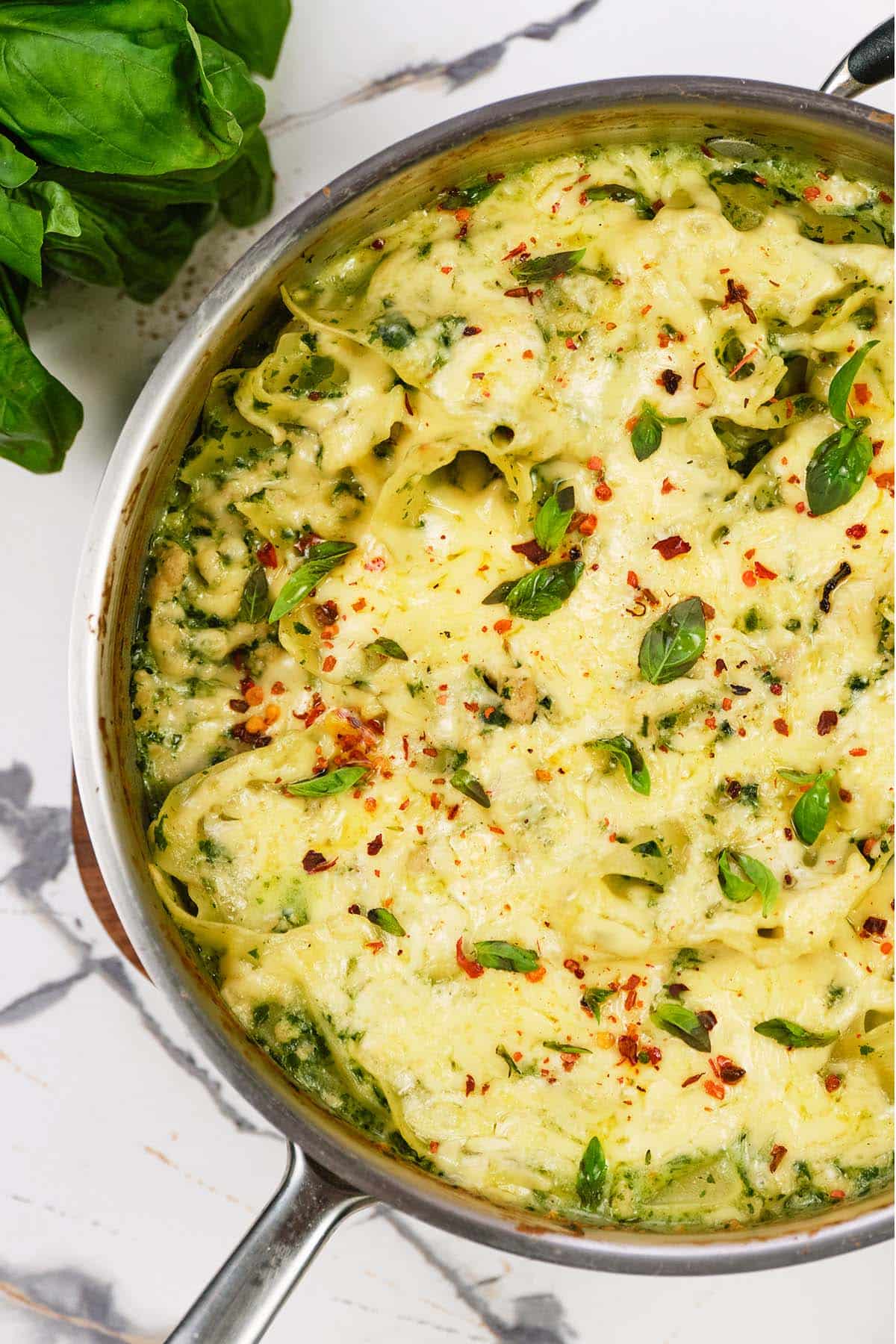 ready to serve baked skillet lasagna in a pan