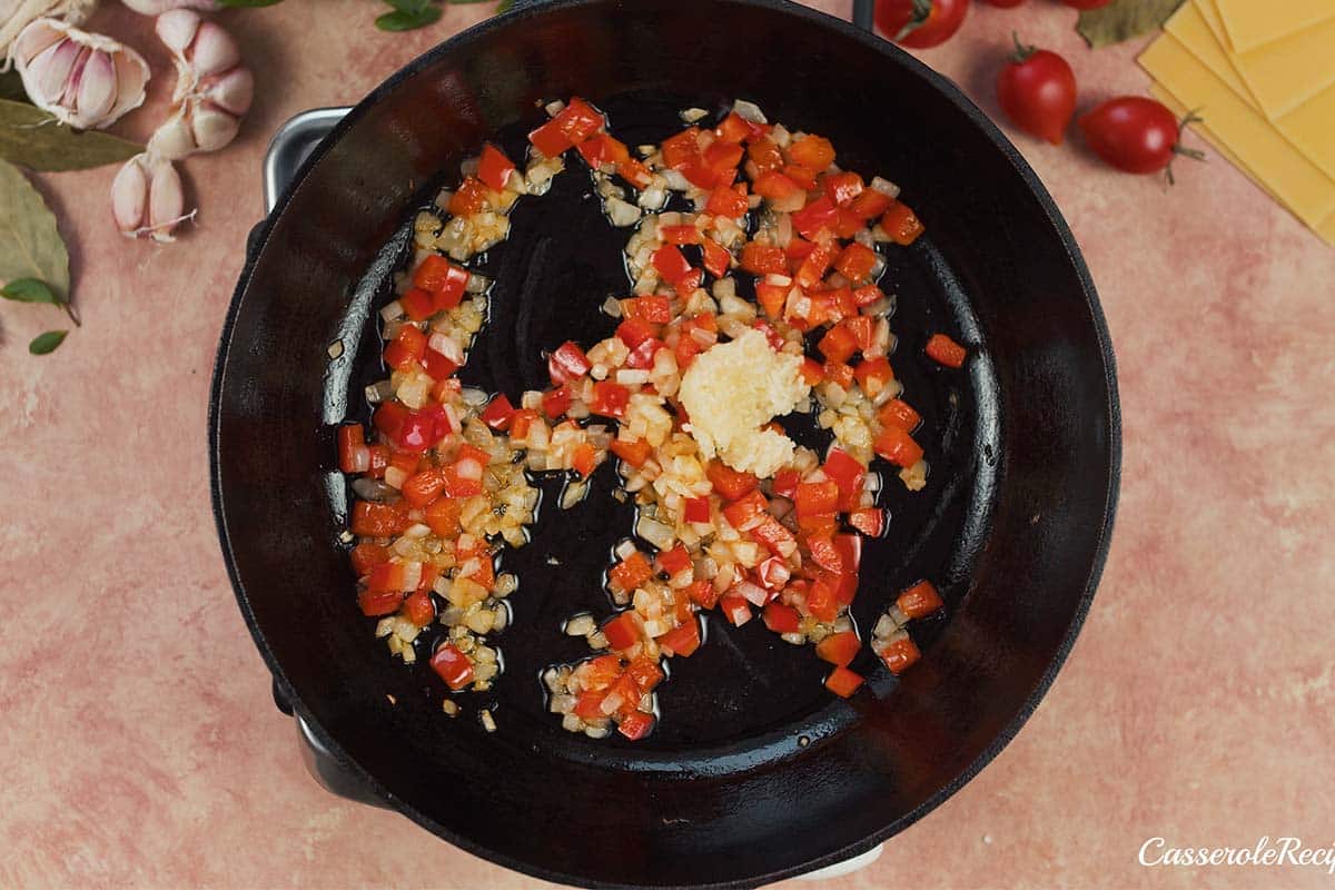 sauteed onions and bell pepper to make cheat lasagne bake