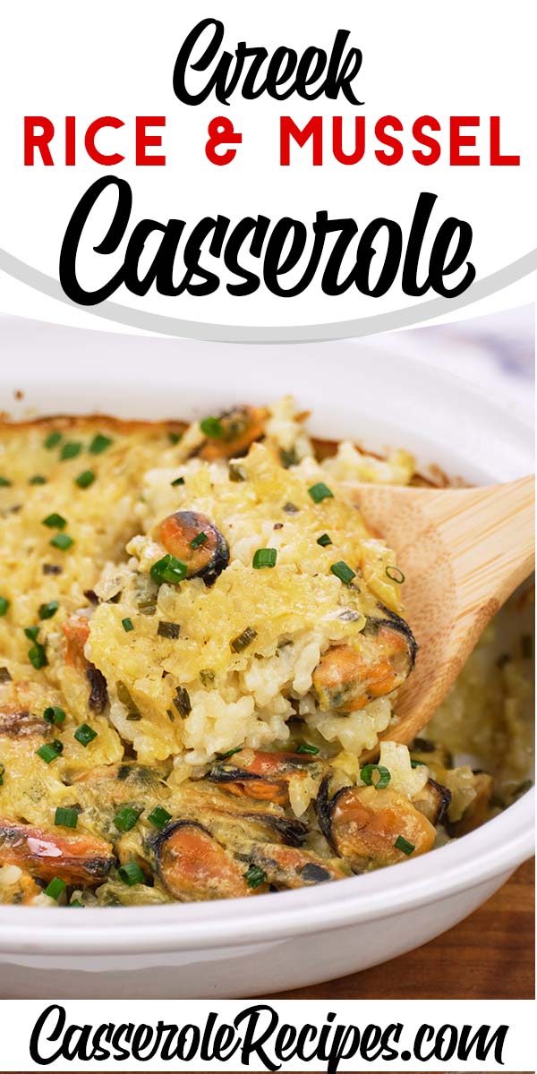 serving of greek seafood casserole being scooped from a baking dish with text which reads greek rice and mussel casserole