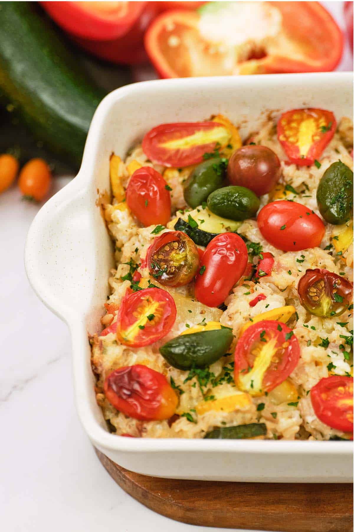 baking dish of greek vegetable casserole fresh from the oven