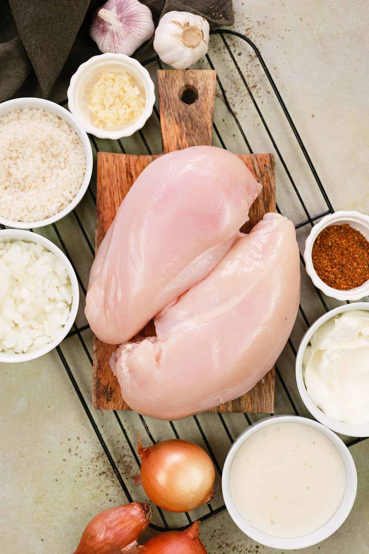 ingredients to make no-peek chicken casserole laid out on a table