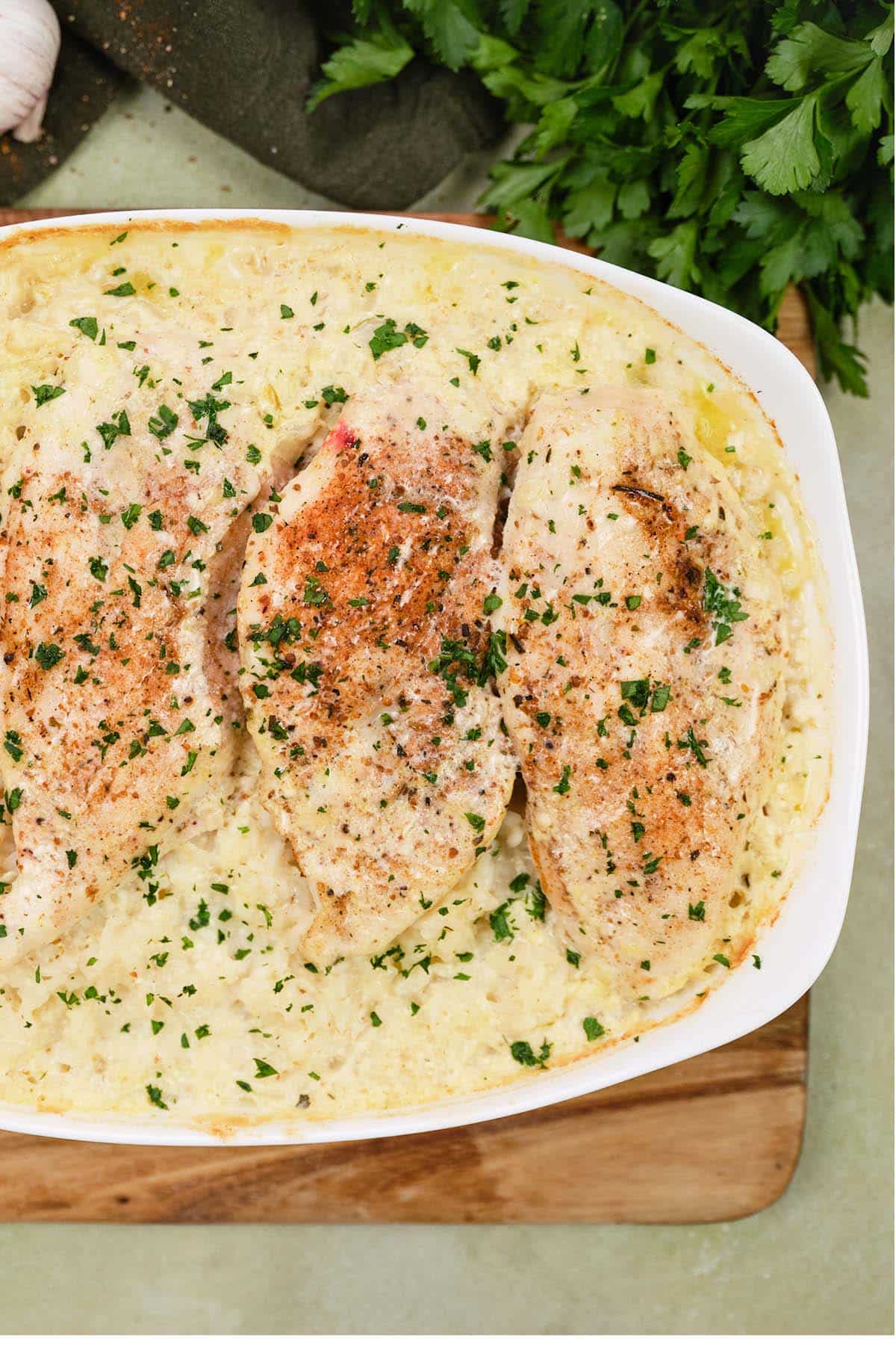 baking dish of no-peek chicken casserole fresh from the oven ready to serve