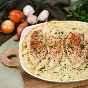 baking dish of no-peek chicken casserole fresh from the oven and ready to serve