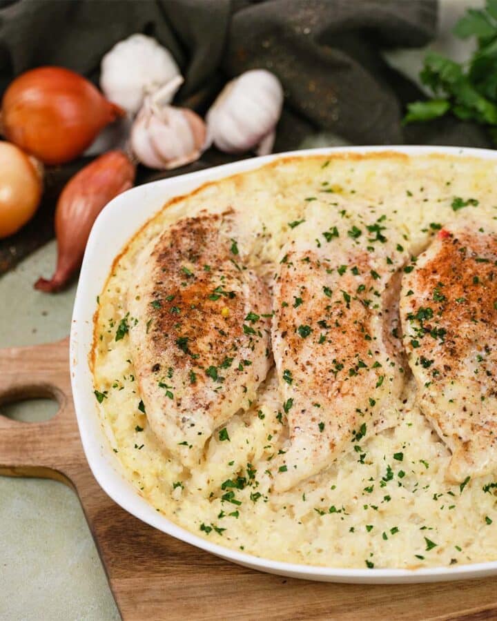 baking dish of no-peek chicken casserole fresh from the oven and ready to serve