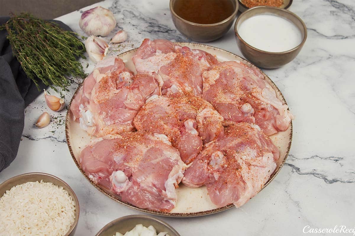 chicken being marinated to make One Pot Caribbean Jerk Chicken & Rice