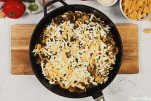topping Baked Orecchiette with Spinach with cheese prior to baking