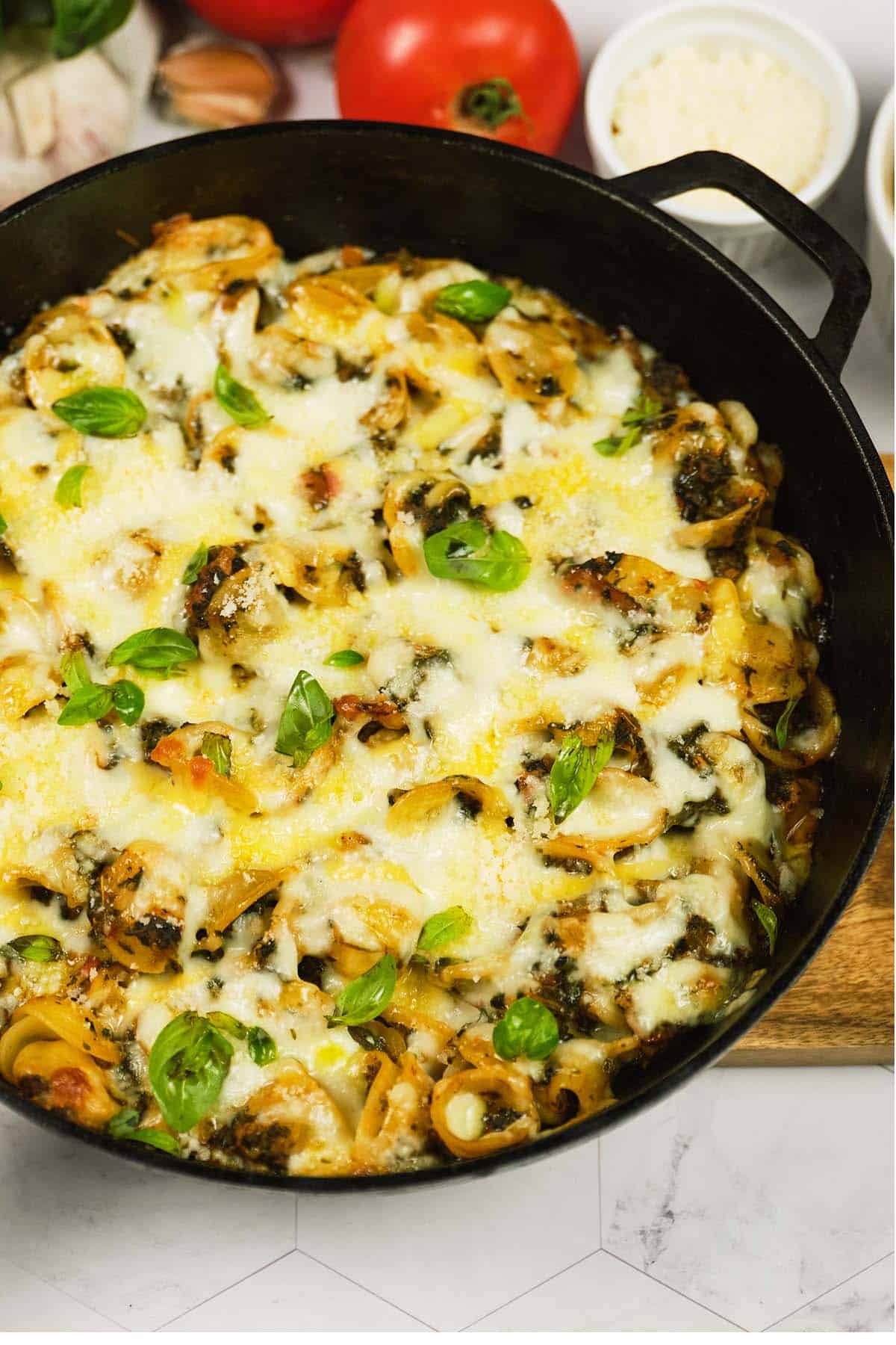 pan of Baked Orecchiette with Spinach fresh from the oven